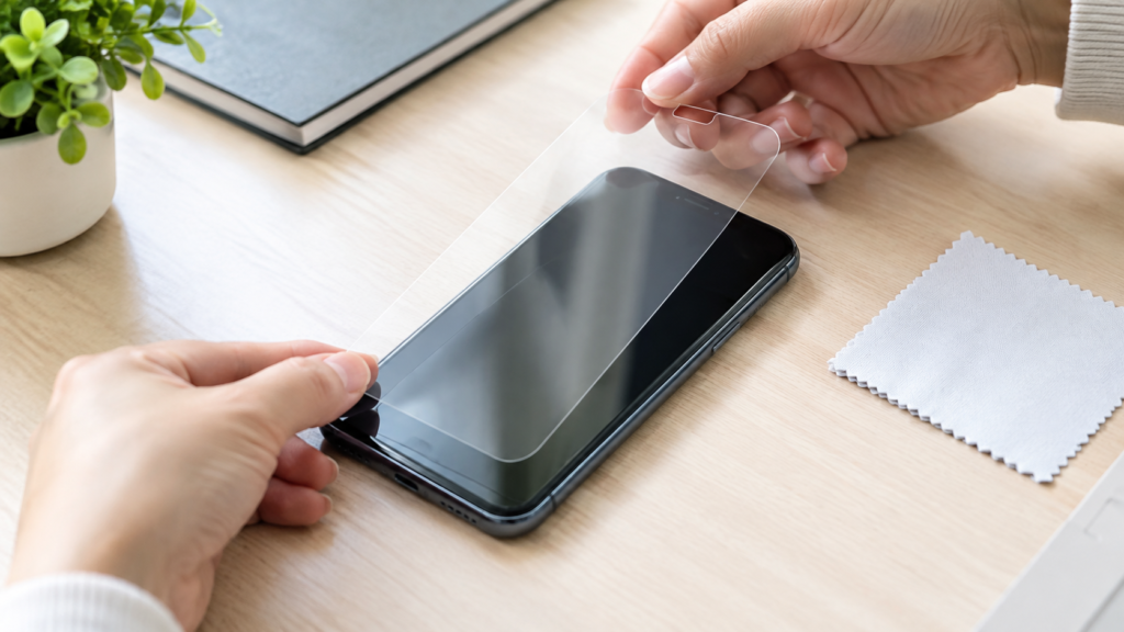 Hands applying a tempered glass screen protector to a smartphone