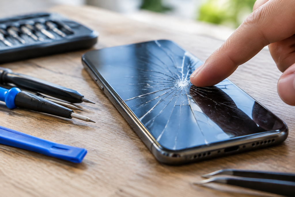 Fingertip touching a smartphone with a cracked touchscreen