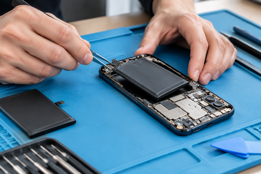 Technician using tweezers to replace a smartphone battery