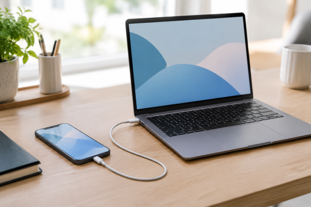 Smartphone connected by cable to a laptop for a data backup