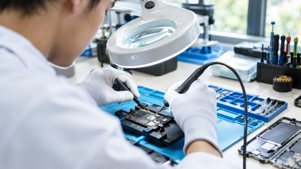 Technician repairing a smartphone circuit board under a magnifying lamp