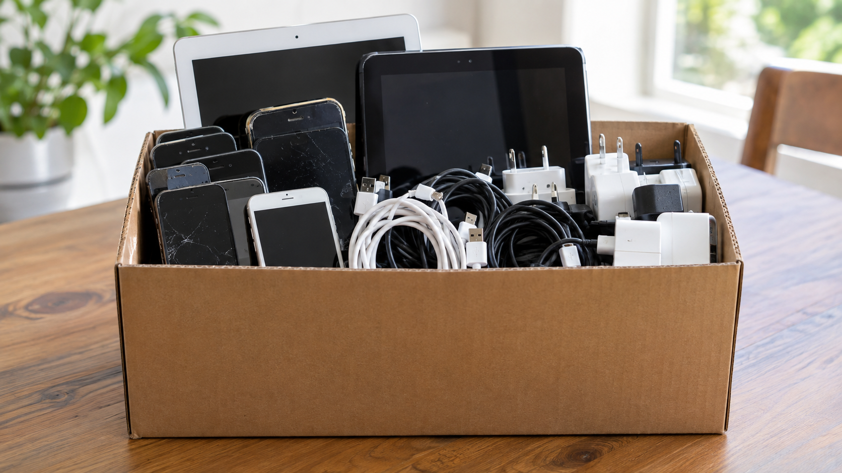Cardboard box of old phones, tablets and cables ready for recycling