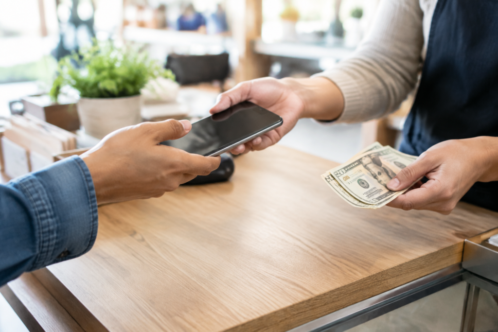 Hand handing over a smartphone in exchange for cash at a shop counter