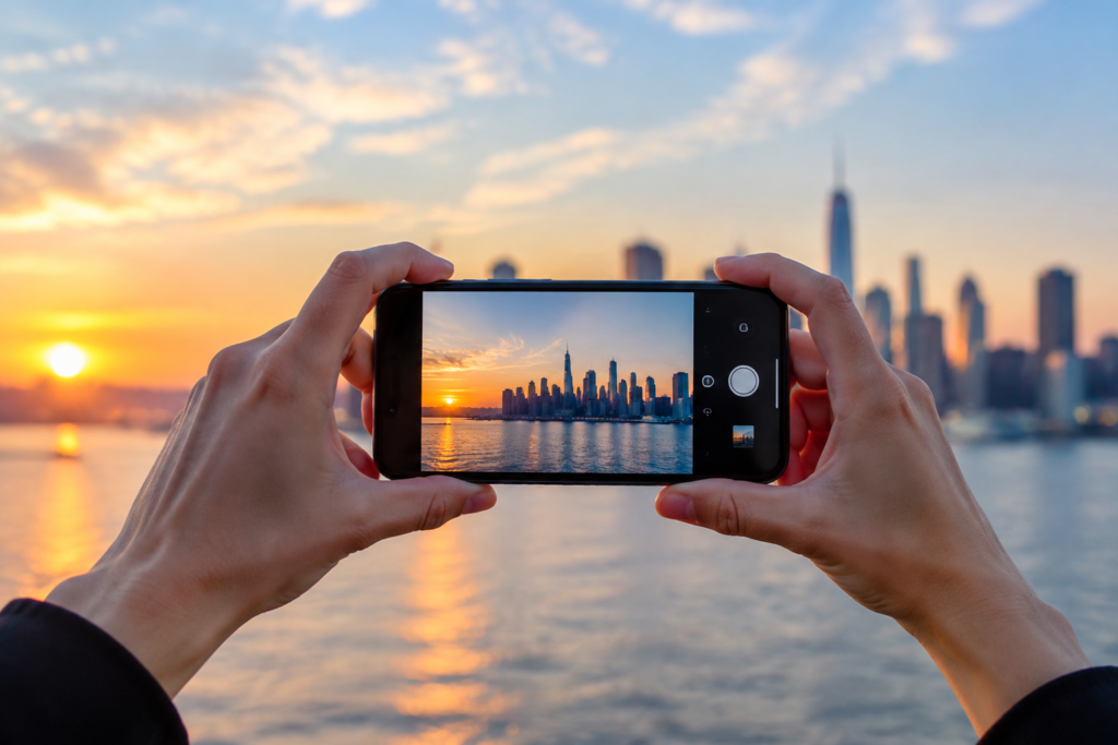 Hands holding a smartphone to photograph a city skyline at sunset
