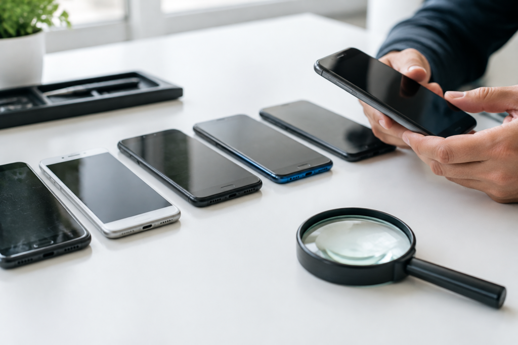 Row of used smartphones on a table with a magnifying glass for inspection