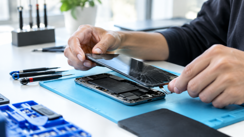 Technician replacing a cracked smartphone screen at a repair workbench